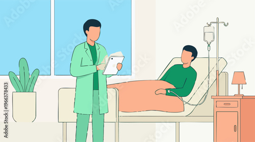 Doctor checking patient's health data on digital tablet in hospital room