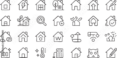 Property icon pack with real estate, residential and architecture elements in minimal line style