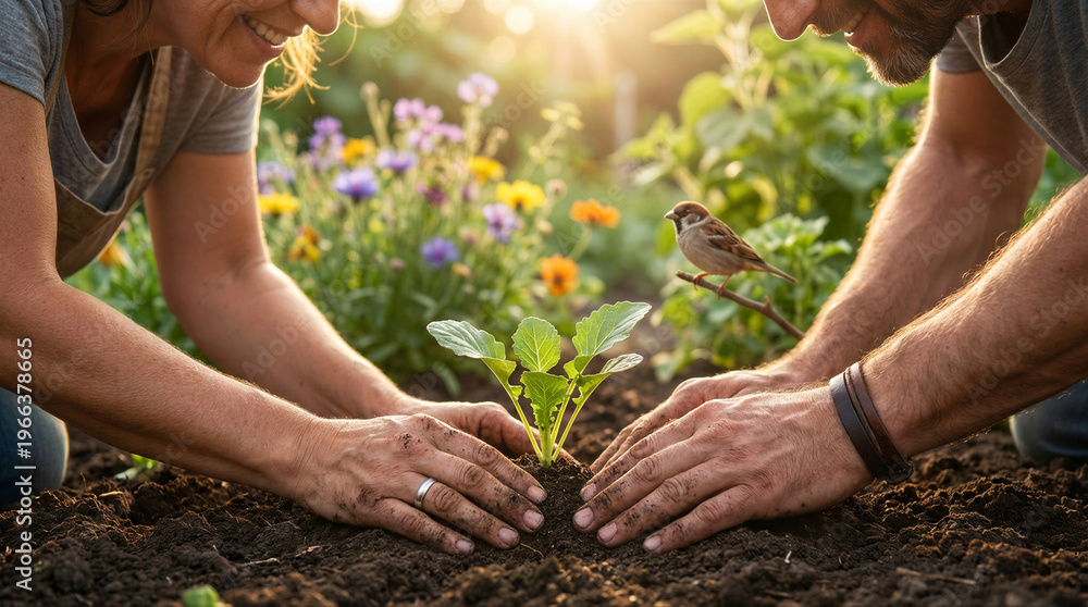 Fototapeta premium Closeup of a couple planting a small green seedling in fertile soil in a sunny garden with a small bird perched nearby