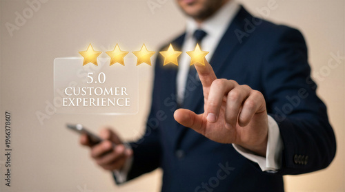 Wallpaper Mural Businessman in a suit touching a virtual 50 star rating icon for excellent customer experience and service quality Torontodigital.ca