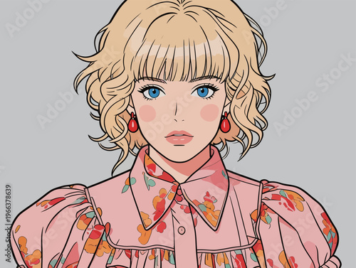 Girl with blonde curly hair and blue eyes wearing floral dress and earrings poses against a gray background