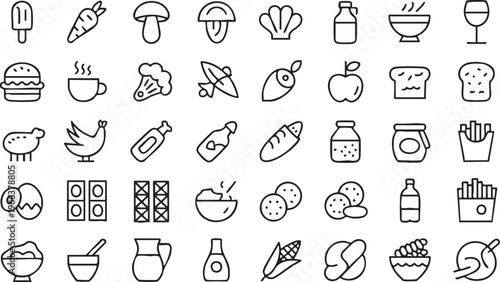 Minimal food icon set with grocery, meal and cooking symbols for UI and web design