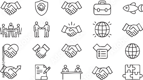 Handshake icon set with business partnership, agreement and teamwork symbols in clean outline vector style