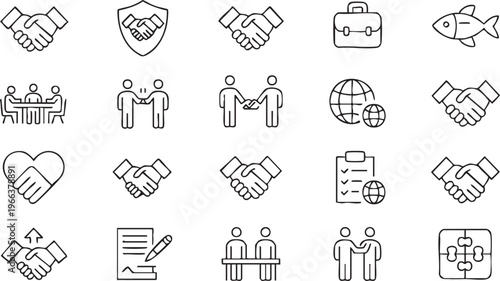 Business partnership icon collection featuring deal, trust and collaboration concepts for UI design