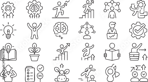 Personal development icon set with growth, motivation and success symbols in clean outline vector style