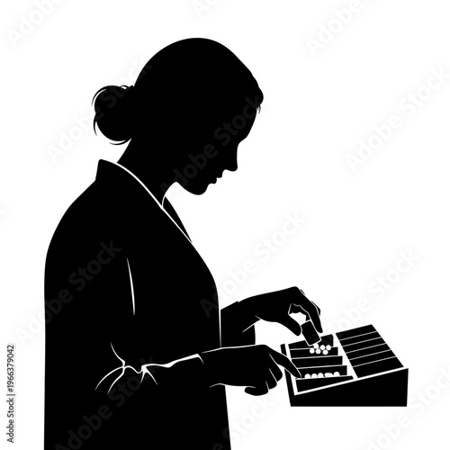 Silhouette of a Pharmacist Counting Pills into a Specialized Tray Medication Management