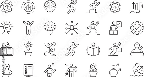 Personal development icon pack with success, progress and mindset elements in minimal line style