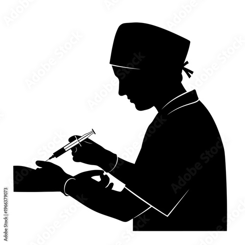 Silhouette of a Phlebotomist Carefully Drawing Blood with a Syringe Medical Testing Clinic