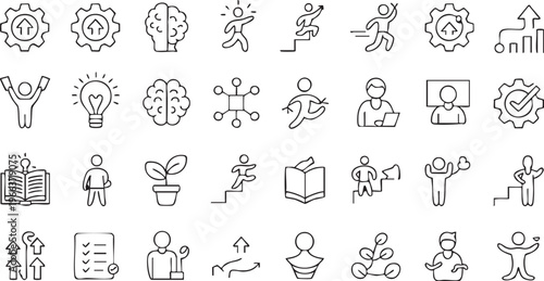 Self improvement outline icons featuring success, inspiration and development concepts for digital use