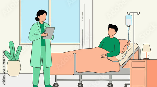 Doctor checking on patient in hospital room with IV drip and medical equipment