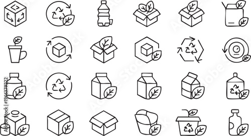 Green packaging icon pack with biodegradable, reusable and eco concepts in minimal line style