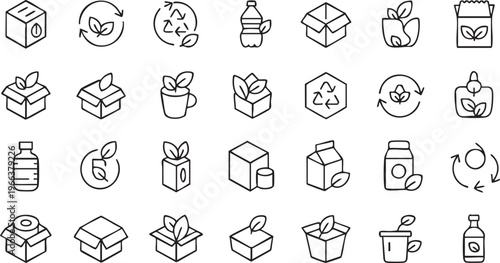Minimal eco packaging icon set with recycle, green and sustainable product symbols for UI and web