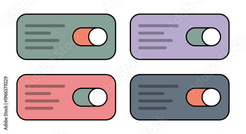 Colorful Toggle Switch UI Cards Flat Vector Set with Modern Interface Controls. Minimal dashboard settings panels with On-Off Switch Buttons in Flat Design Style. vector web buttons. UI/UX elements 