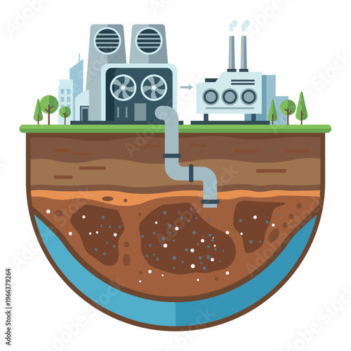 Industrial wastewater discharge flowing through pipes into soil layers causing underground water pollution and environmental contamination concept