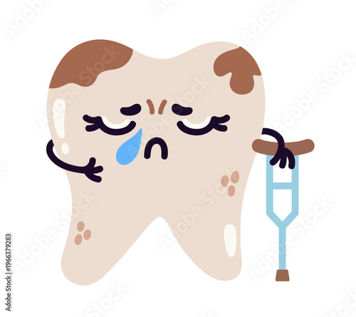 Sad tooth with decay, vector illustration. Cute character with a cavity, a crutch. Oral disease, dental treatment. A molar is sick and crying. Hand drawn clipart. Project for kids clinics, medicine