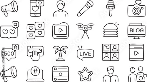 Content creator icon collection featuring video, blog and social media engagement elements for UI design