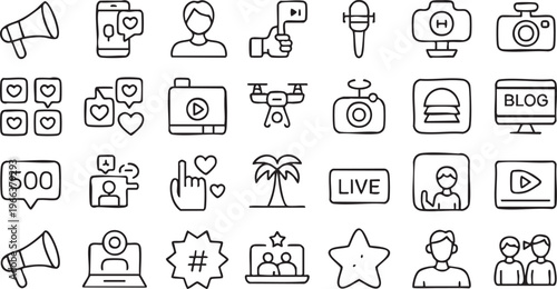 Social media icon set with content creator, influencer and digital marketing symbols in clean outline vector style