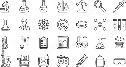 Minimal science lab icon set with chemistry, experiment and research symbols for UI and web