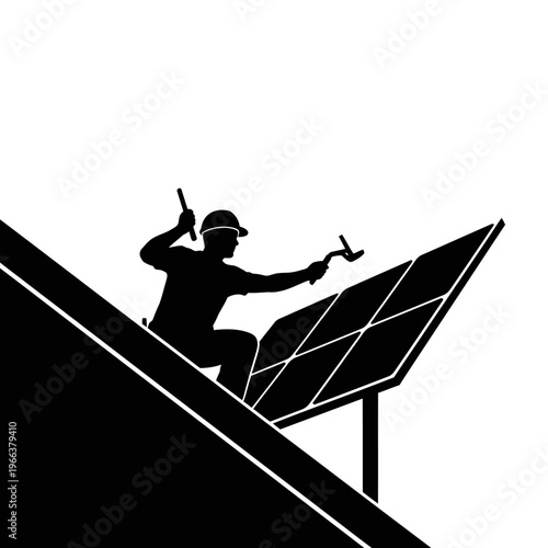 Silhouette of a Solar Panel Installer Working on a Roof Renewable Energy and Sustainability