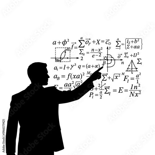 Silhouette of a Quantum Physicist Pointing at a Complex Chalkboard Equation Advanced Science