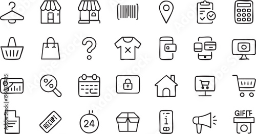 Shopping ecommerce icon set with retail, online store and purchase symbols in clean outline vector style
