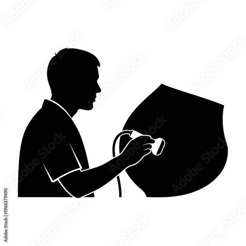 Silhouette of a Sonographer Moving an Ultrasound Wand Over a Pregnant Belly Maternity Care