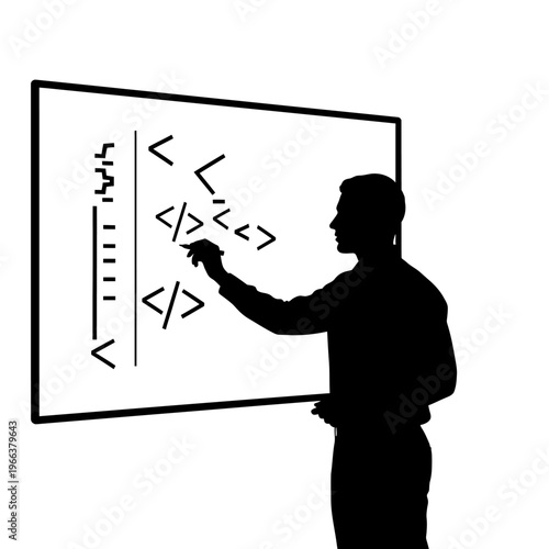 Silhouette of a Teacher Writing Code on an Interactive Smartboard Modern STEM Education