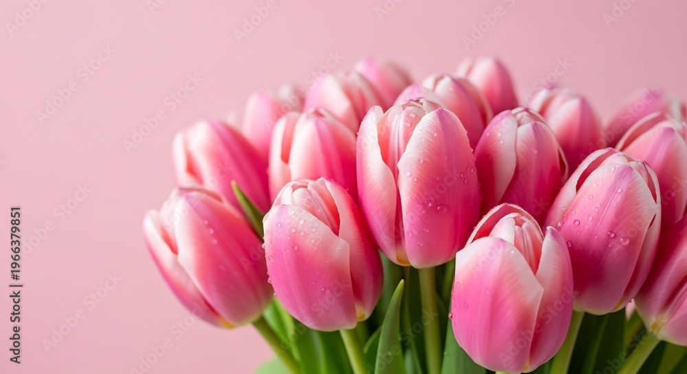 Fototapeta premium A close-up of a bouquet of pink and white tulips, water droplets, on a pink backdrop