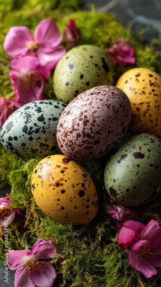 Obraz premium Top view of colorful natural speckled Easter eggs arranged in green moss with pink spring flowers. Rustic seasonal composition symbolizing Easter, renewal and spring celebration.