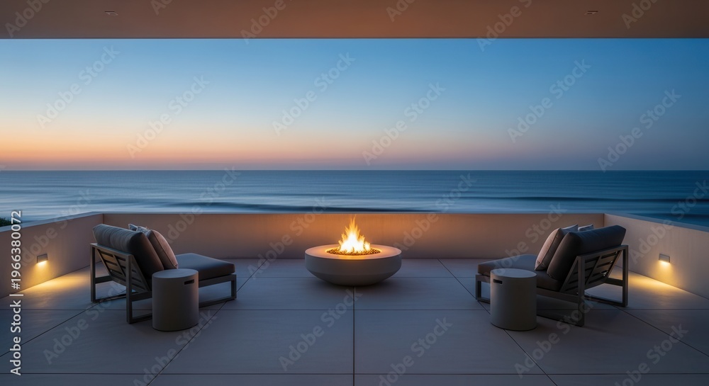 Obraz premium Luxurious outdoor terrace featuring a modern fire pit and seating overlooking the ocean at twilight