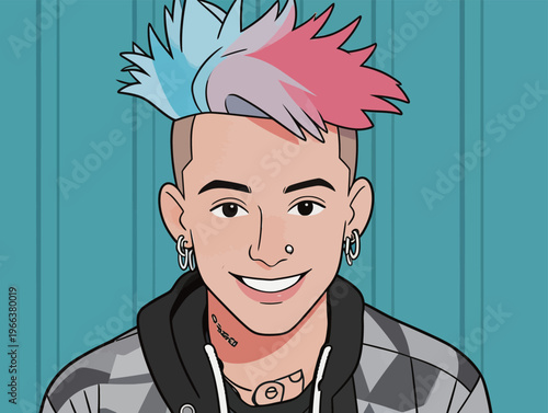 Young person with colorful hair poses in front of a blue background with a friendly smile and casual outfit