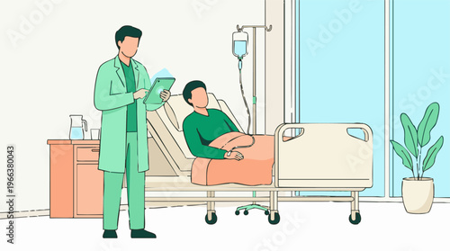 Doctor reviews patient's health data on tablet in modern hospital room