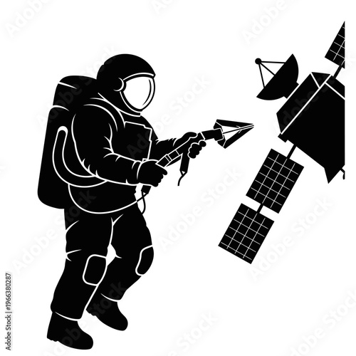 Silhouette of an Astronaut Using a Specialized Tool to Repair a Satellite Space Exploration