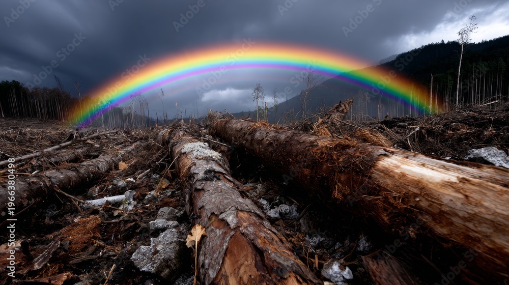 Fototapeta premium Deforestation landscape with fallen tree trunks and a vibrant rainbow under dark storm clouds.