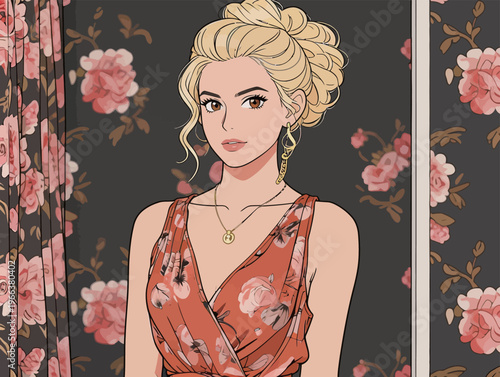 Stylish woman in floral dress standing in a room with floral wallpaper and curtains looking directly at the viewer