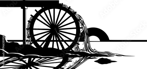 Water Wheel Silhouette Vector Illustration

