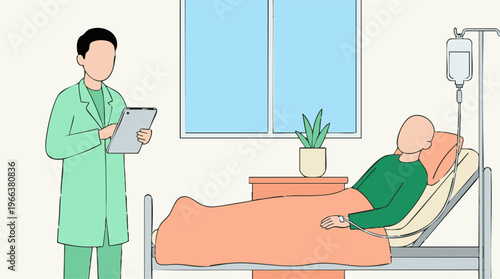 Medical professional checking on ill patient in hospital room with IV drip