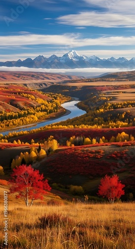 Autumnal River Valley Landscape with Distant Mountain Peaks.
