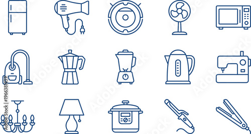 Household electronics and home appliance icon set featuring refrigerator, microwave, vacuum cleaner, coffee maker, sewing machine, blender, and laundry equipment symbols.