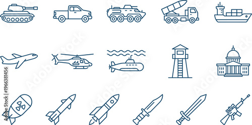 Military defense and weaponry icon set featuring tank, submarine, jet, helicopter, missile, bomb, rifle, sword, knife, and armored vehicle symbols.