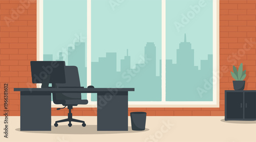 Modern office interior with desk, computer, chair, and city skyline view