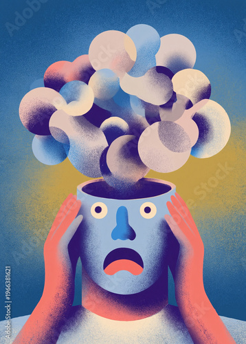 Severe overthinking and brain fog concept. Grainy illustration of a panicked man holding his face while his open head erupts with chaotic clouds, depicting mental overload and severe anxiety.