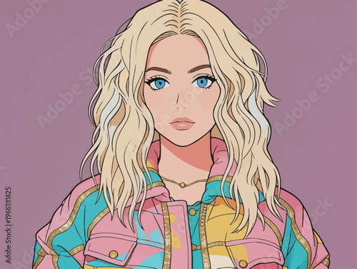 Young woman with blond hair wearing a colorful jacket against a solid background