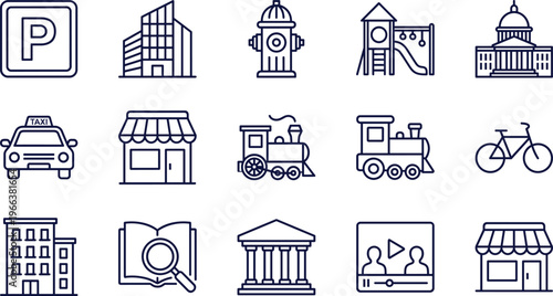 Urban infrastructure, city life, and public service icon set featuring parking, buildings, hydrant, playground, government, taxi, train, bicycle, and shop symbols.