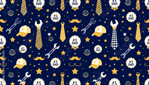 Father's Day gift wrapping paper features a seamless vector pattern of tools and accessories on a dark blue background