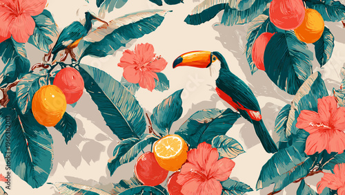Vibrant tropical toucan perches on lush green leaves surrounded by pink flowers and juicy oranges