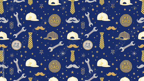 Seamless vector pattern of fathers day gift wrapping paper with tools and symbols
