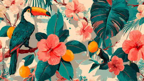 Vibrant tropical summer pattern featuring a colorful toucan perched on a branch surrounded by lush green leaves and blooming flowers in a lively seamless vector design.