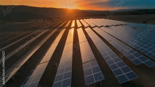 Solar panels at sunset renewable energy farm with modern technology
