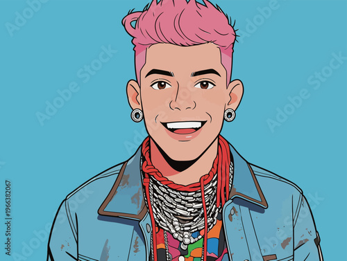 Young man with pink hair smiles while wearing colorful clothes against a blue background